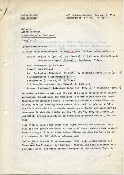 Johannes Cladders, Brief an Alfred Schmela, 4.12.1967, masch., Du., Seite 1/2, Archiv Museum Abteiberg