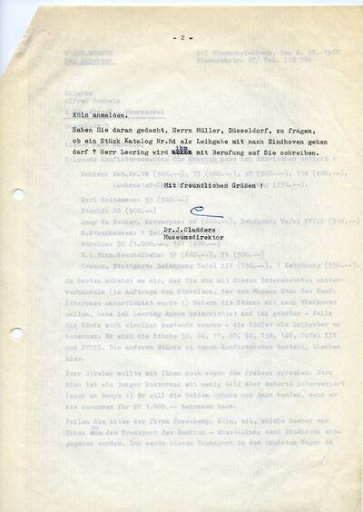 Johannes Cladders, Brief an Alfred Schmela, 4.12.1967, masch., Du., Seite 2/2, Archiv Museum Abteiberg