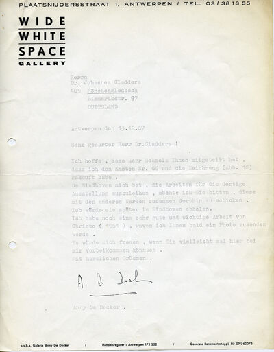 Anny De Decker, Brief an Johannes Cladders, 13.12.1967, masch., Archiv Museum Abteiberg