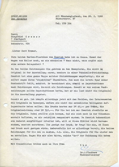 Johannes Cladders, Brief an Siegfried Cremer, 28.2.1968, masch., Du., Archiv Museum Abteiberg