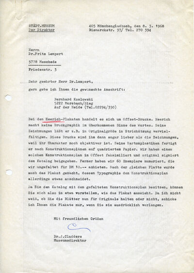 Johannes Cladders, Brief an Fritz Lempert, 8.3.1968, masch., Du, Archiv Museum Abteiberg
