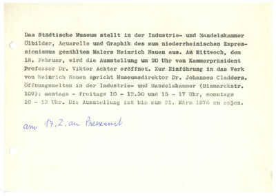 Johannes Cladders, Presseschreiben, 1976, Typoskript, Archiv Museum Abteiberg