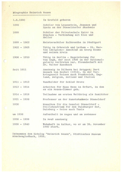 Heinrich Dattenberg, Biografie Heinrich Nauen, Anlage zum Text von 1963, Typoskript, Archiv Museum Abteiberg