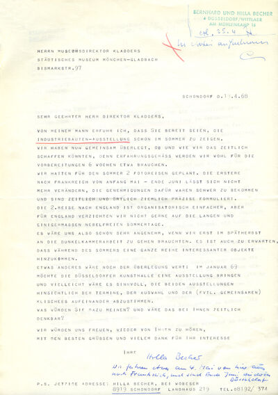 Hilla Becher, Brief an Johannes Cladders, 19.4.1968, masch., Archiv Museum Abteiberg, © Estate Bernd & Hilla Becher, vertreten durch Max Becher
