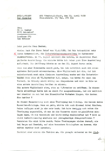 Johannes Cladders, Brief an Hilla Becher, 25.4.1968, masch., Du., S. 1, Archiv Museum Abteiberg