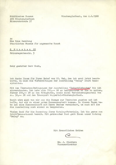Johannes Cladders, Brief an Jörg Walter Koch, 4.6.1968
