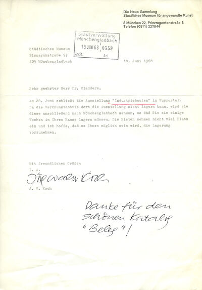 Jörg Walter Koch, Brief an Johannes Cladders, 18.6.1968