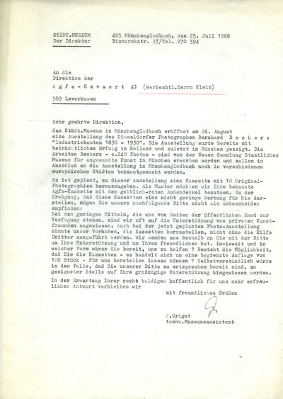 Johannes Grigat, Brief an Firma Agfa-Gevaert, 25.7.1968, masch., Du., Archiv Museum Abteiberg