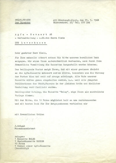 Johannes Grigat, Brief an Firma Agfa-Gevaert, 31.7.1968, masch., Du., Archiv Museum Abteiberg