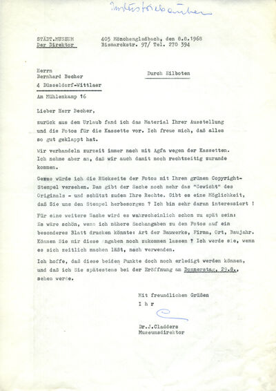 Johannes Cladders, Brief an Bernd Becher, 8.8.1968, masch., Du., Archiv Museum Abteiberg