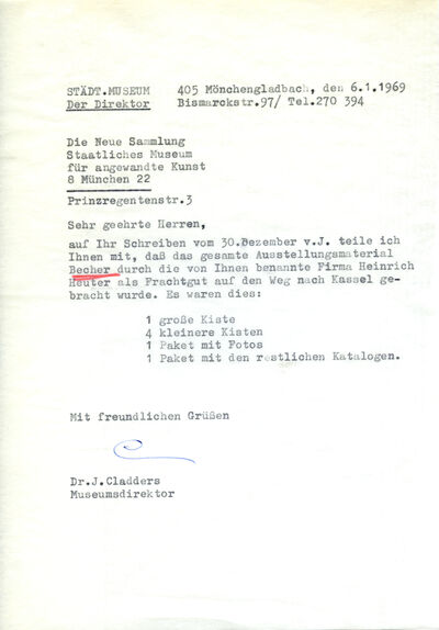 Johannes Cladders, Schreiben an Neue Sammlung, München, 6.1.1969, masch., Du., Archiv Museum Abteiberg