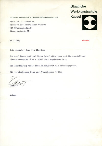 Staatliche Werkkunstschule Kassel, Brief an Johannes Cladders, 22.1.1969, Archiv Museum Abteiberg