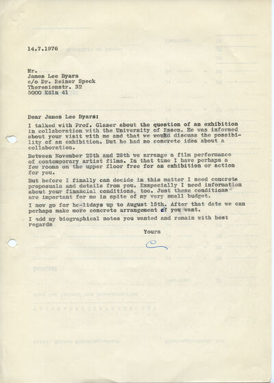Johannes Cladders, Brief an James Lee Byars, 14.7.1976, masch., Du., Archiv Museum Abteiberg