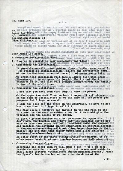 Johannes Cladders, Brief an James Lee Byars, 22.3.1977, masch., Du., recto, Archiv Museum Abteiberg