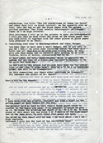 Johannes Cladders, Brief an James Lee Byars, 22.3.1977, masch., Du., verso, Archiv Museum Abteiberg