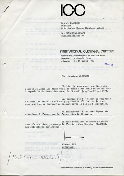 Florent Bex, Brief an Johannes Cladders, 19.4.1977, masch., S. 1, Archiv Museum Abteiberg