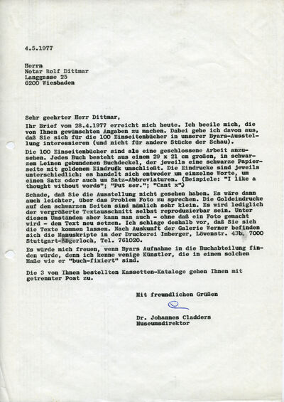 Johannes Cladders, Brief an Rolf Dittmar, 4.5.1977, masch., Du., Archiv Museum Abteiberg