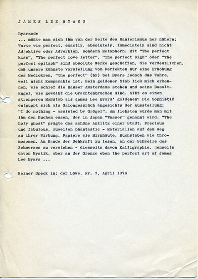 Reiner Speck, James Lee Byars. Byarzade, 1976, Typoskript, Archiv Museum Abteiberg