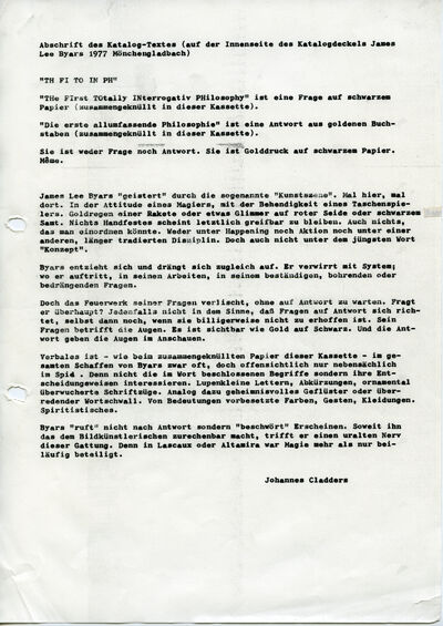 Johannes Cladders, Abschrift des Katalogtexts für den Kassettenkatalog JAMES LEE BYARS, 1977, masch., Du., Archiv Museum Abteiberg