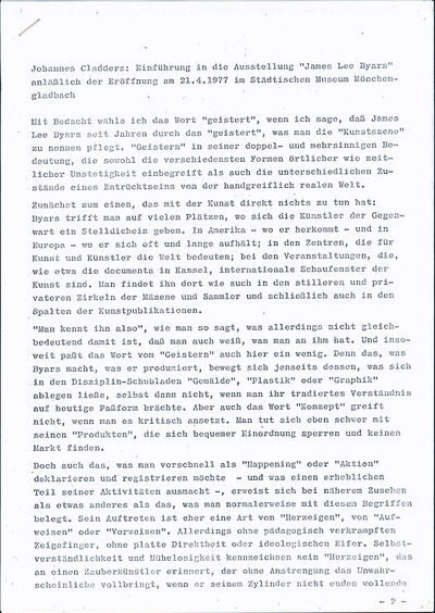 Johannes Cladders, Eröffnungsrede JAMES LEE BYARS, Typoskript, S. 1, Archiv Museum Abteiberg