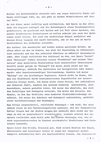 Johannes Cladders, Eröffnungsrede JAMES LEE BYARS, Typoskript, S. 2, Archiv Museum Abteiberg