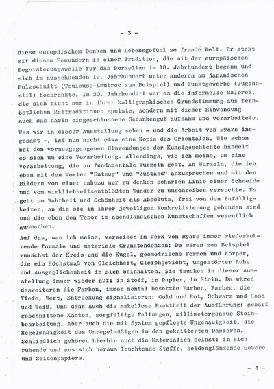 Johannes Cladders, Eröffnungsrede JAMES LEE BYARS, Typoskript, S. 3, Archiv Museum Abteiberg