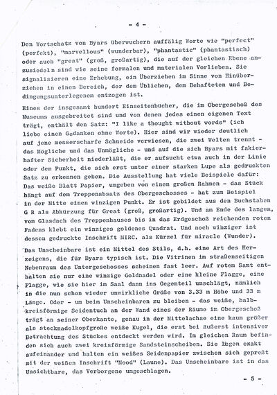 Johannes Cladders, Eröffnungsrede JAMES LEE BYARS, Typoskript, S. 4, Archiv Museum Abteiberg