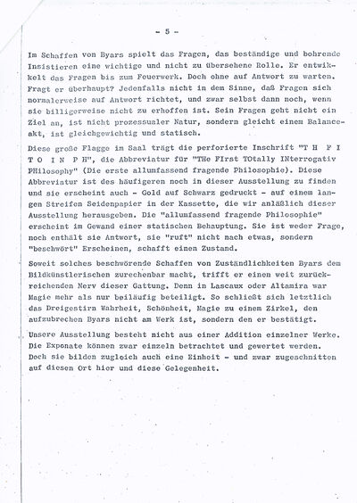 Johannes Cladders, Eröffnungsrede JAMES LEE BYARS, Typoskript, S. 5, Archiv Museum Abteiberg