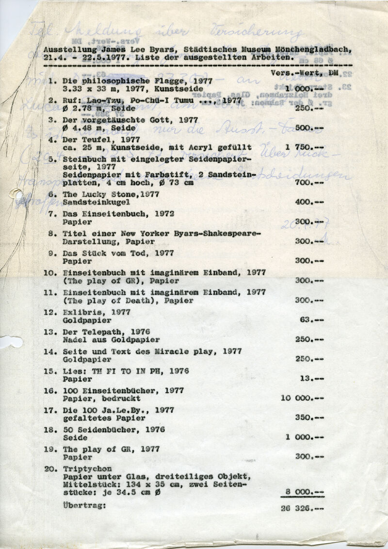 Versicherungsliste, 1977, masch., Du., recto, Archiv Museum Abteiberg