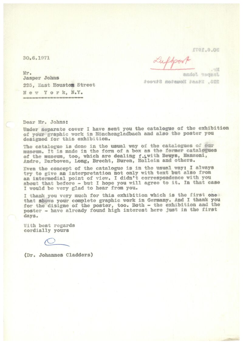 Johannes Cladders, Brief an Jasper Johns, 30.6.1971, masch., Du., Archiv Museum Abteiberg