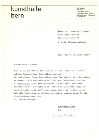 Carlo Huber, Brief an Johannes Cladders, 7.9.1970, masch., Archiv Museum Abteiberg