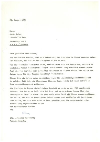 Johannes Cladders, Brief an Carlo Huber, 24.8.1970, masch., Du., Archiv Museum Abteiberg