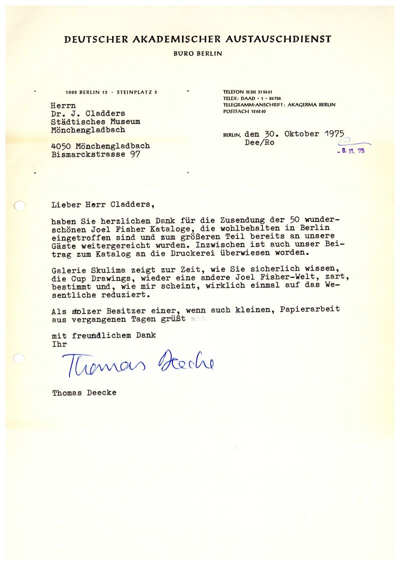 Thomas Deecke, Brief an Johannes Cladders, 30.10.1975, masch., Archiv Museum Abteiberg