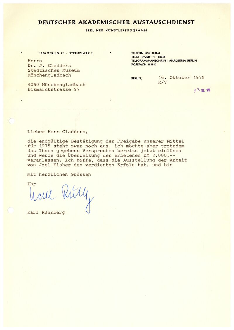 Karl Ruhrberg, Brief an Johannes Cladders, 16.10.1975, masch., Archiv Museum Abteiberg