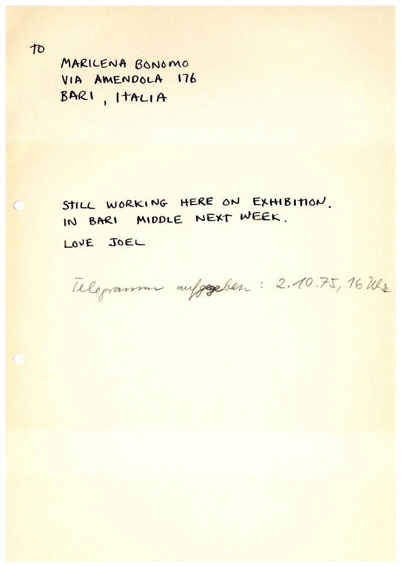 Joel Fisher, Telegrammtext für M. Bonomo, 2.10.1975, hs., Archiv Museum Abteiberg, © Joel Fisher