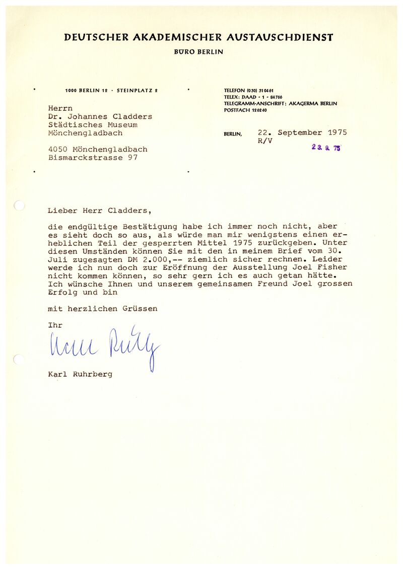 Karl Ruhrberg, Brief an Johannes Cladders, 22.9.1975, masch., Archiv Museum Abteiberg