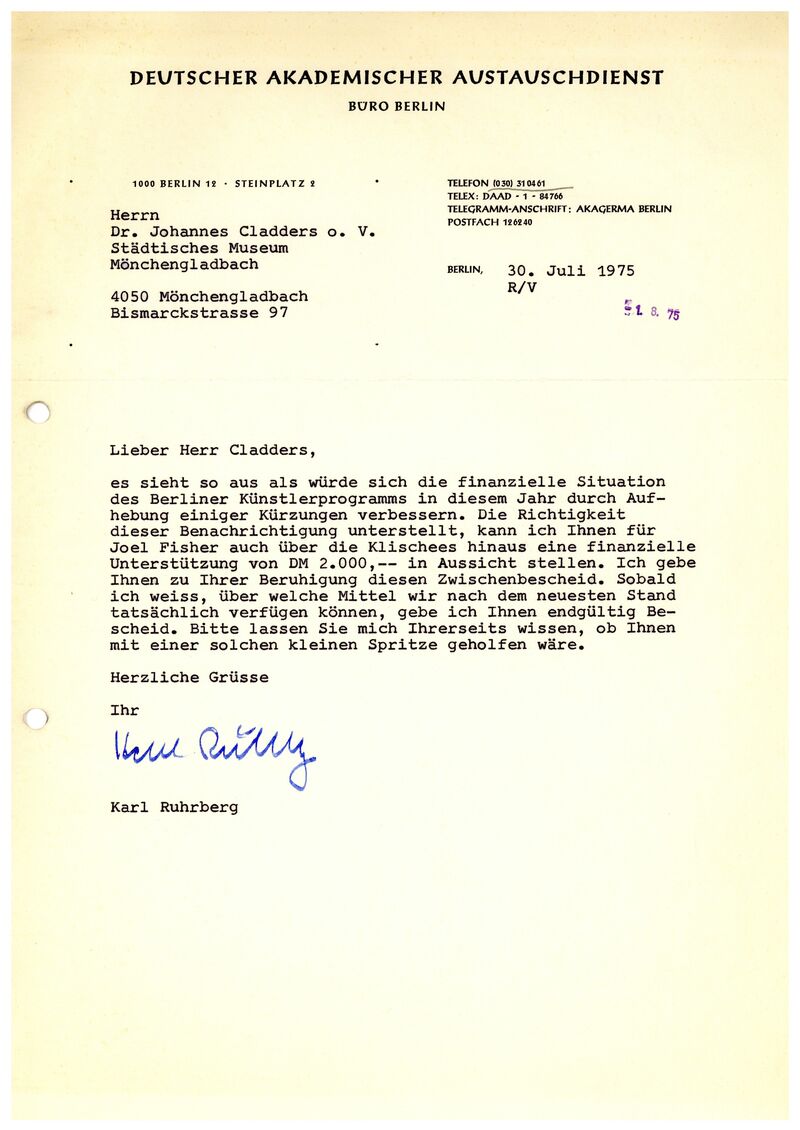 Karl Ruhrberg, Brief an Johannes Cladders, 30.7.1975, masch., Archiv Museum Abteiberg