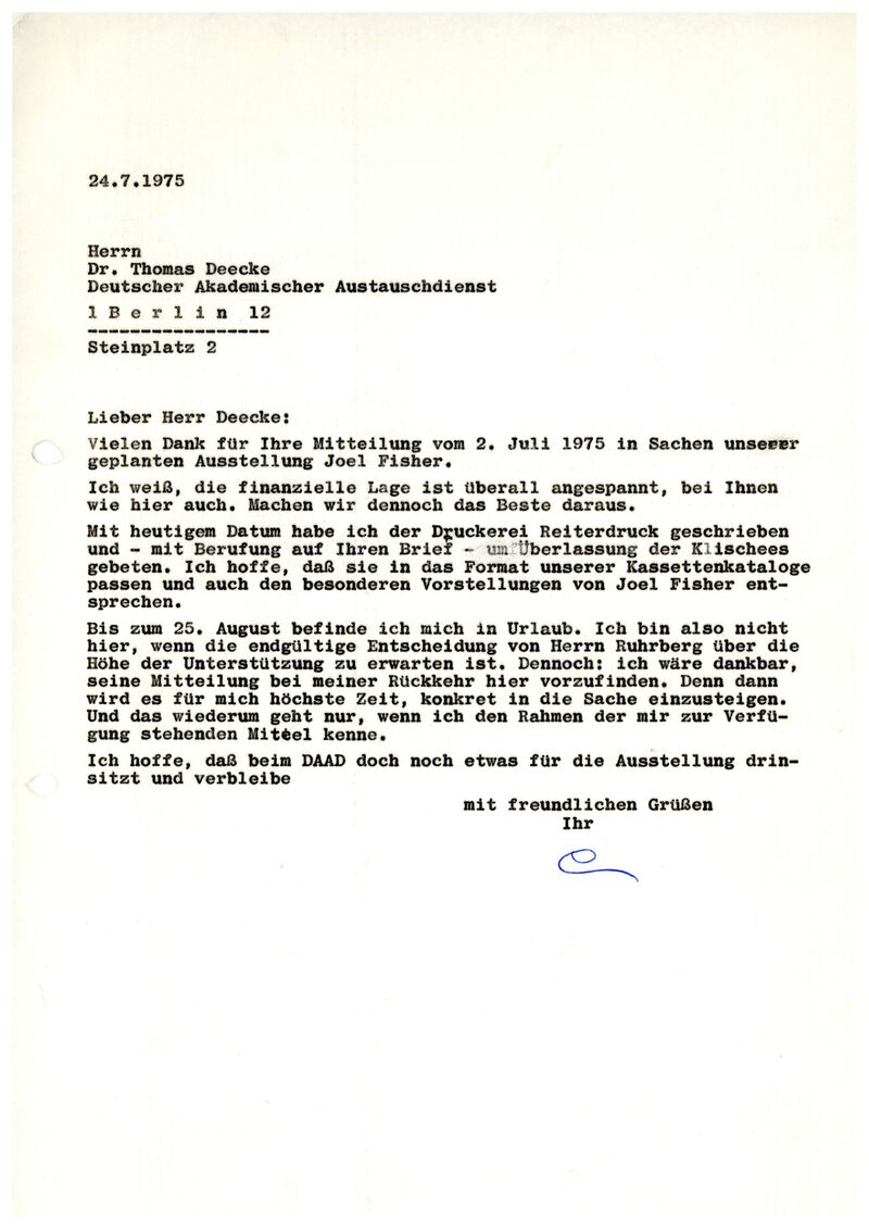 Johannes Cladders, Brief an Thomas Deecke, 24.7.1975, masch., Du., Archiv Museum Abteiberg