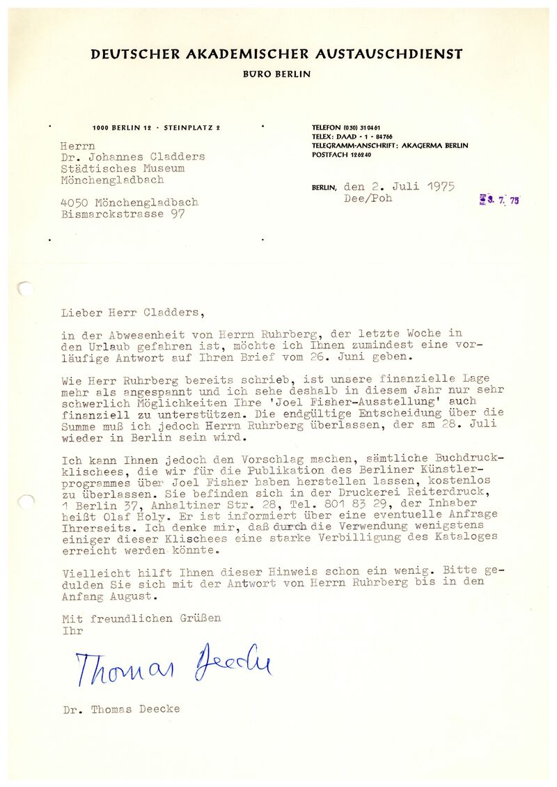 Thomas Deecke, Brief an Johannes Cladders, 2.7.1975, masch., Archiv Museum Abteiberg