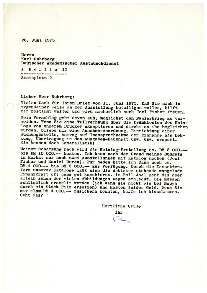 Johannes Cladders, Brief an Karl Ruhrberg, 26.6.1975, masch., Du., Archiv Museum Abteiberg