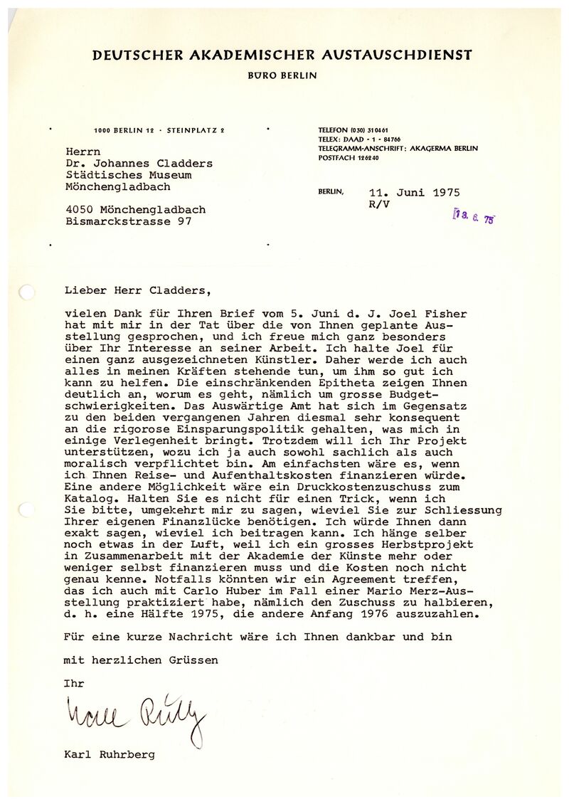 Karl Ruhrberg, Brief an Johannes Cladders, 11.6.1975, masch., Archiv Museum Abteiberg