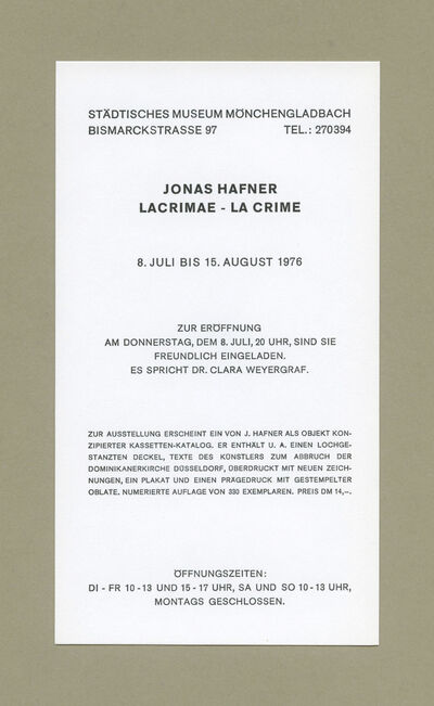 Einladungskarte JONAS HAFNER, Lacrimae - La Crime, 1976