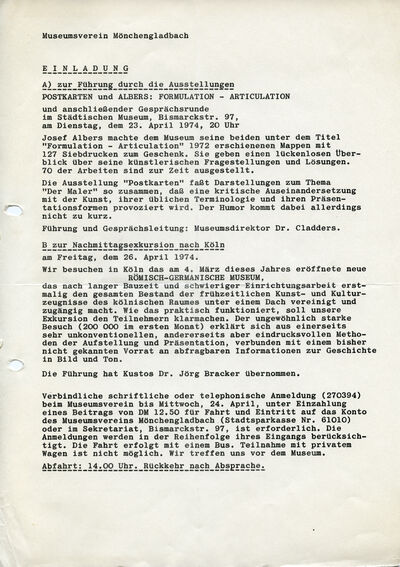 Einladung des Museumsverein Mönchengladbach, 1974, Archiv Museum Abteiberg