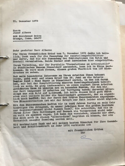 Johannes Cladders, Brief an Josef Albers, 21.12.1973, masch., Du., Archiv Museum Abteiberg