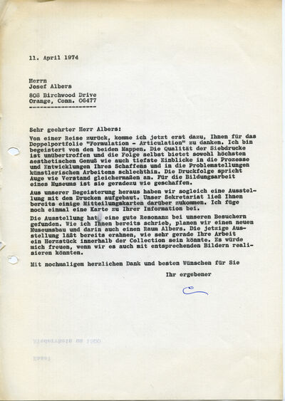 Johannes Cladders, Brief an Josef Albers, 11.4.1974, masch., Du., Archiv Museum Abteiberg