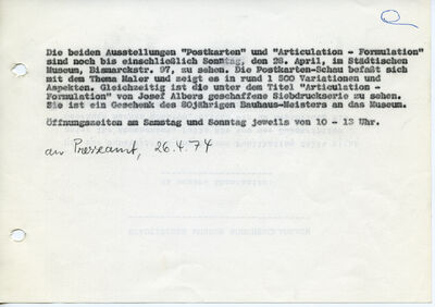 Pressemitteilung Städtisches Museum Mönchengladbach, 26.4.1974, Archiv Museum Abteiberg