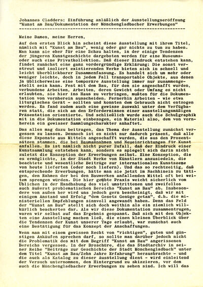Johannes Cladders, Einführung anlässlich der Ausstellungseröffnung KUNST AM BAU, 1976, Typoskript, Bestandteil des Kassettenkatalogs