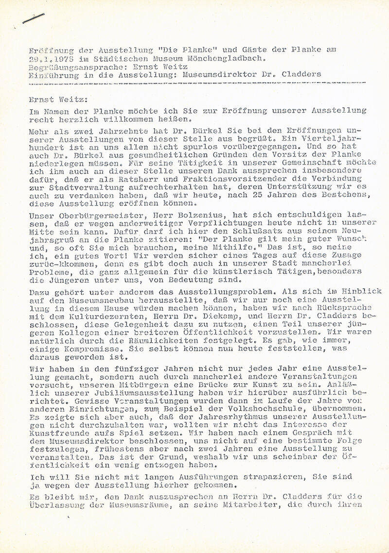 Ernst Weitz, Begrüßung zur Ausstellung Kunstgemeinschaft die planke und Gäste der planke, 1978, Typoskript, S.1, Archiv MAM