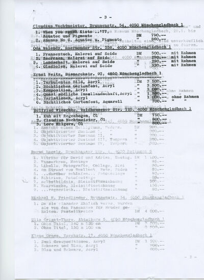 Verkaufsliste der Ausstellung Kunstgemeinschaft die planke und Gäste der planke, ﻿1978, S.3, masch., Du., Archiv MAM