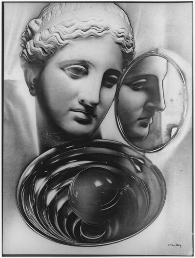 Man Ray, Antiker Kopf mit Spiegel und Lampe (1931/1959), Solarisierte Fotografie, Museum Abteiberg
